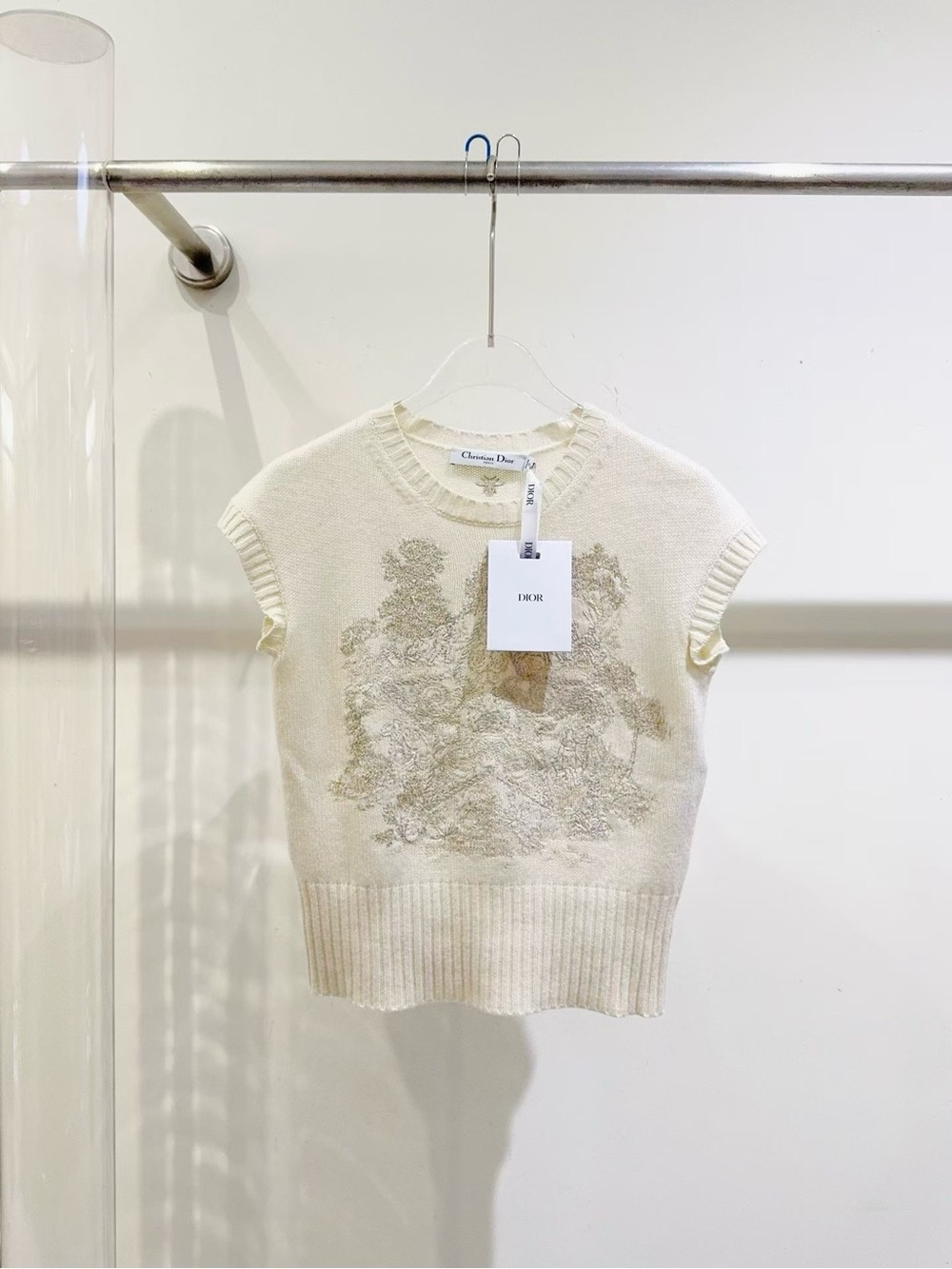 Dior Cream Knit Sleeveless Sweater with Subtle Embroidered Motif